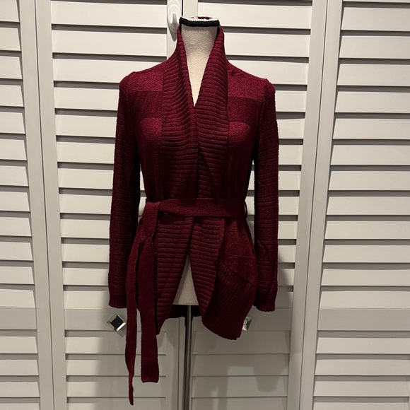 The Limited Sweaters - The Limited Burgundy Cardigan Sweater with belt, few small pulls.